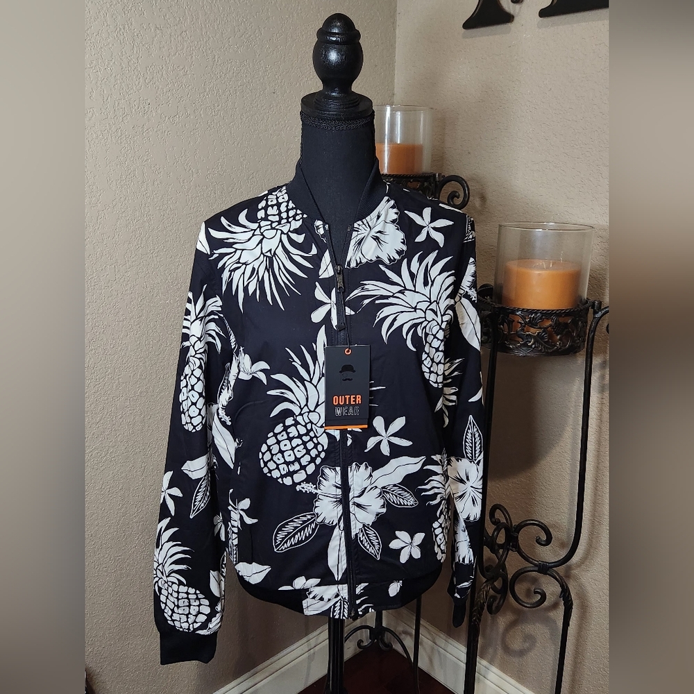 Denim And Flower Ricky Singh Black/White Floral Bomber Jacket. Size S. NWT